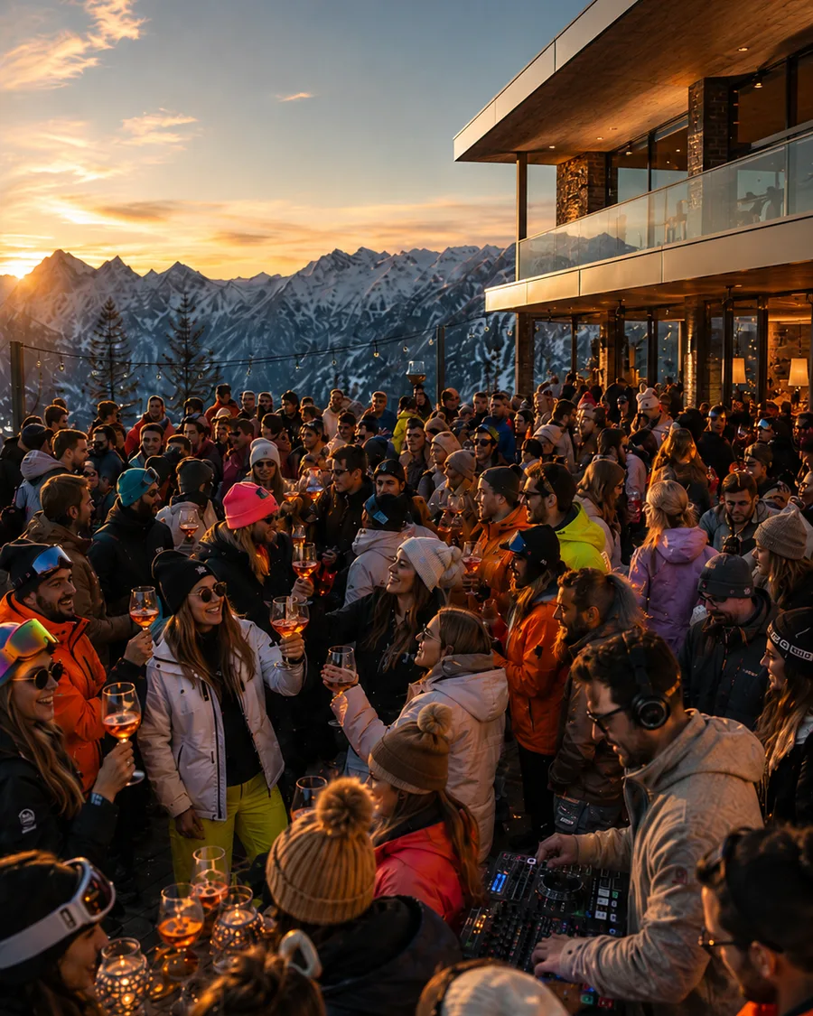 Aftersnow KOR: gruppo di rider con i calici in mano sulla terrazza di un rifugio, montagne innevate e tramonto sullo sfondo