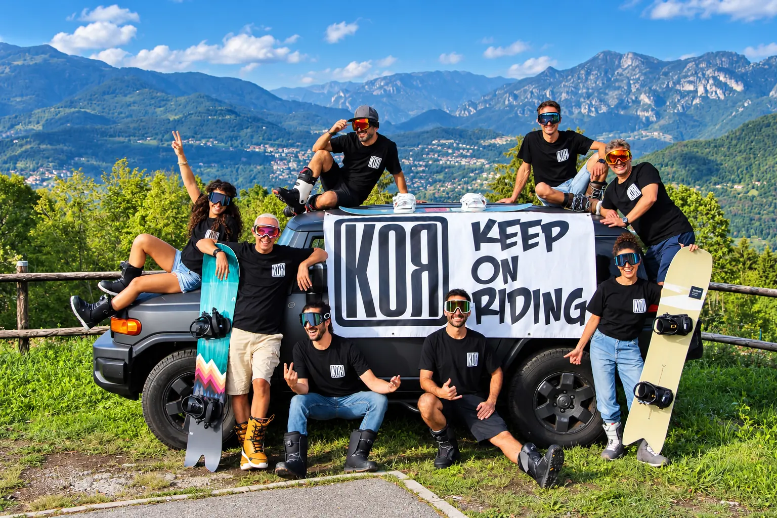 La crew di Keep On Riding davanti al fuoristrada con lo striscione dell'associazione, tavole da snowboard in mano e le Prealpi bergamasche sullo sfondo